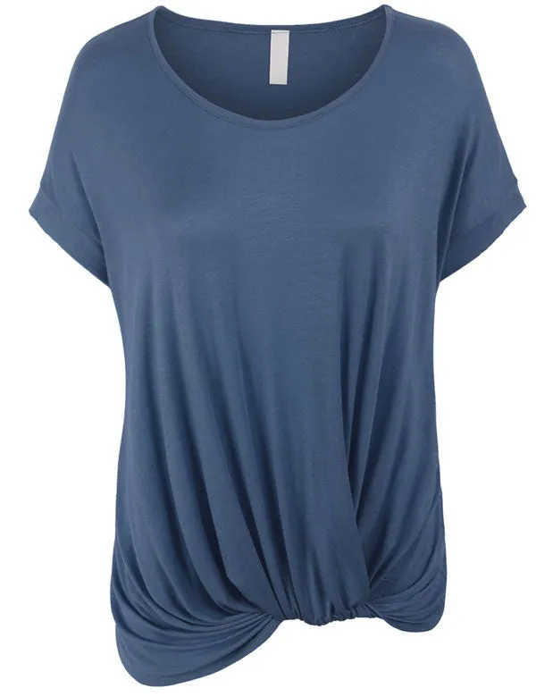 Solid Basic Boatneck Dolman Top with Knot on Hemline