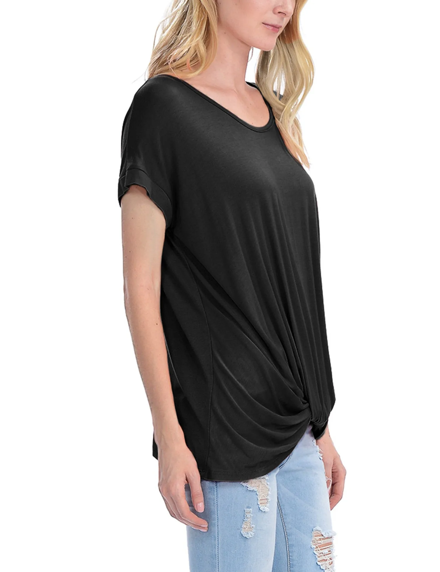 Solid Basic Boatneck Dolman Top with Knot on Hemline