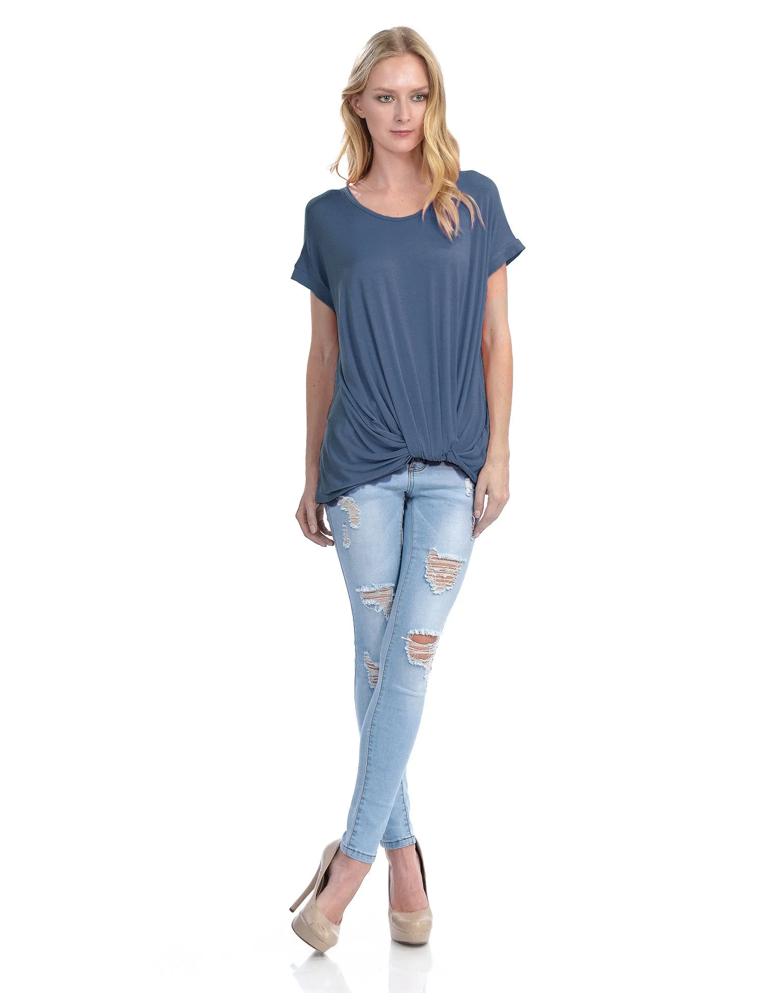 Solid Basic Boatneck Dolman Top with Knot on Hemline