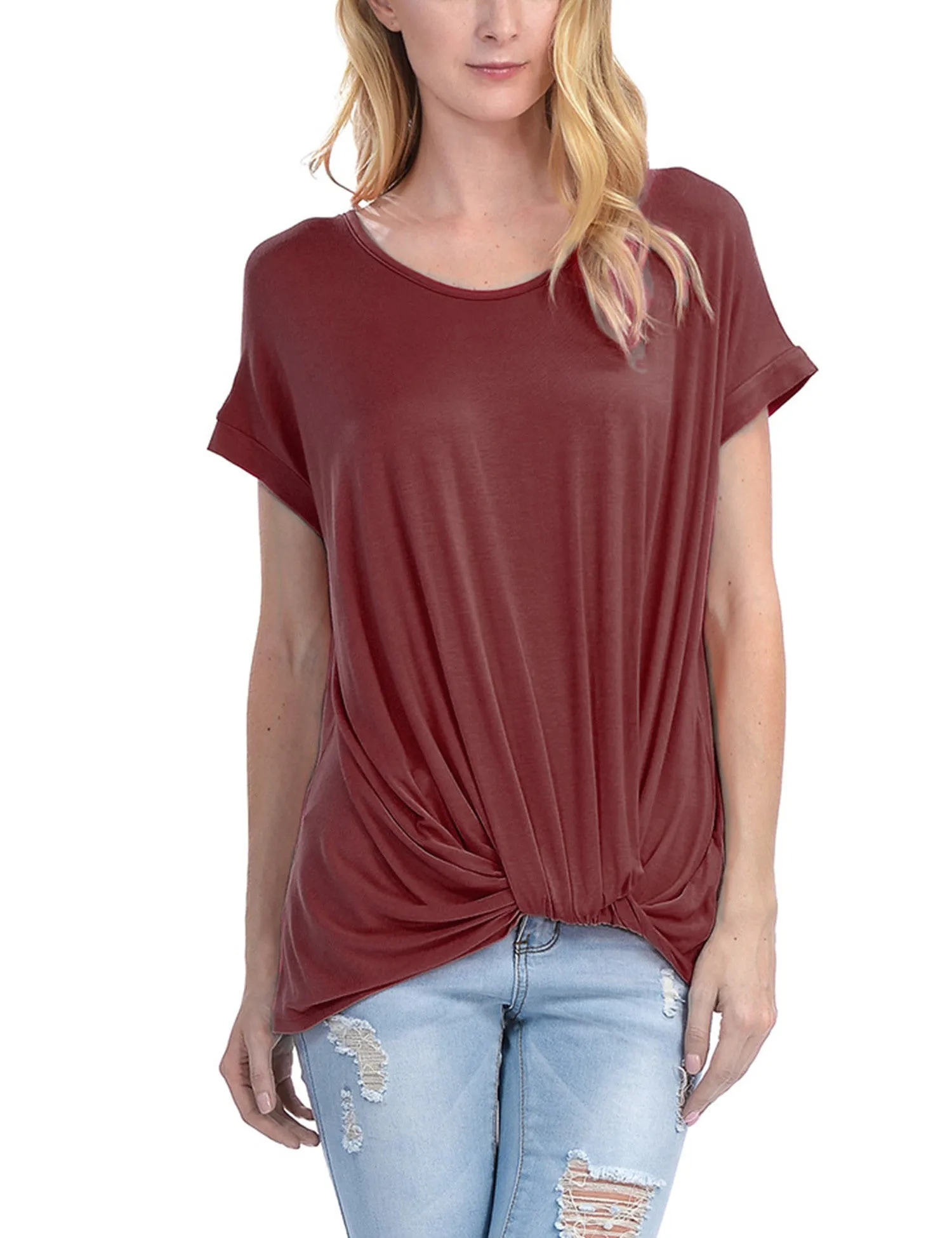 Solid Basic Boatneck Dolman Top with Knot on Hemline