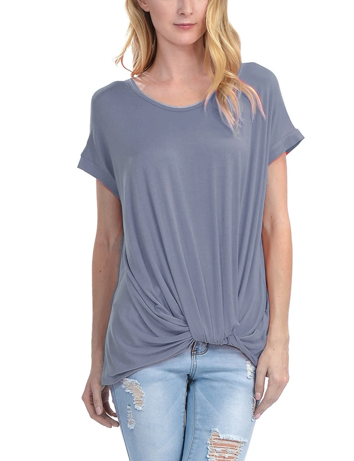 Solid Basic Boatneck Dolman Top with Knot on Hemline