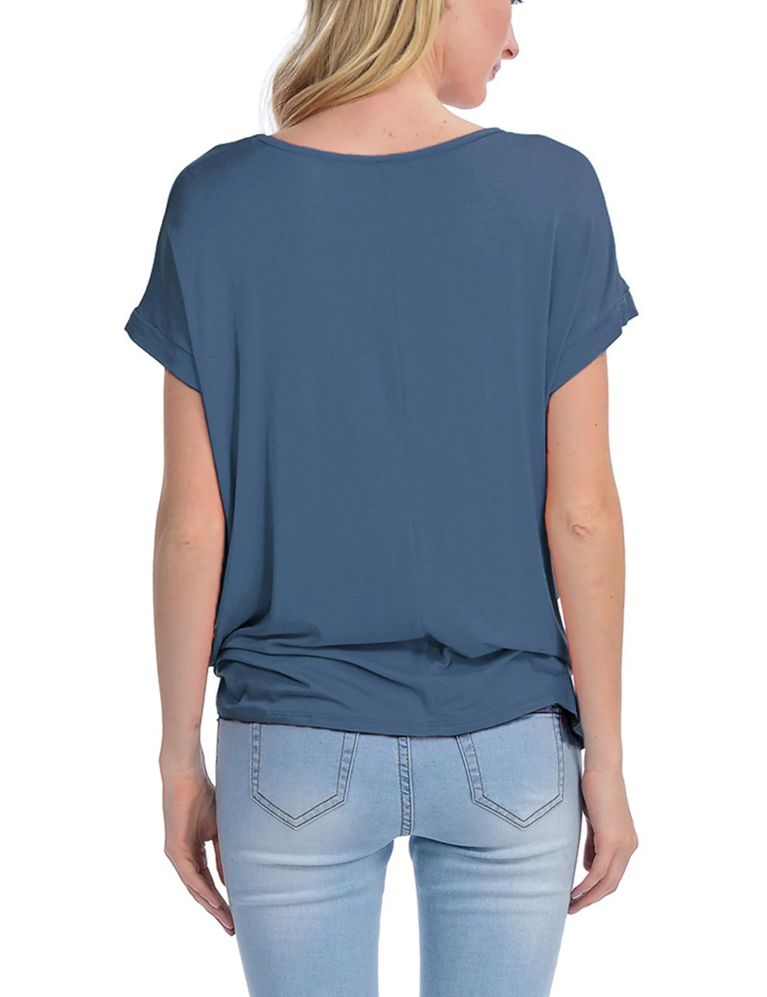 Solid Basic Boatneck Dolman Top with Knot on Hemline