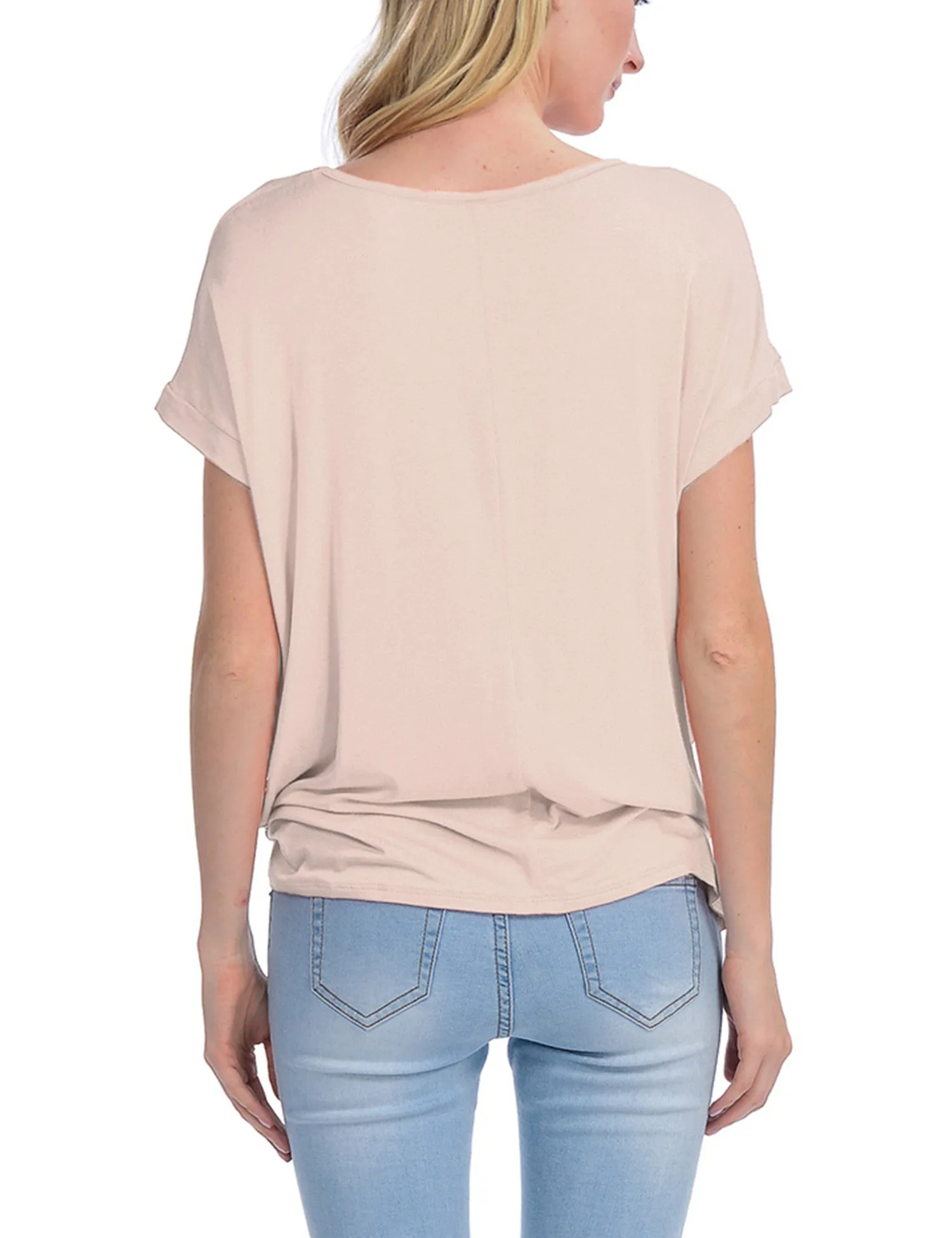 Solid Basic Boatneck Dolman Top with Knot on Hemline