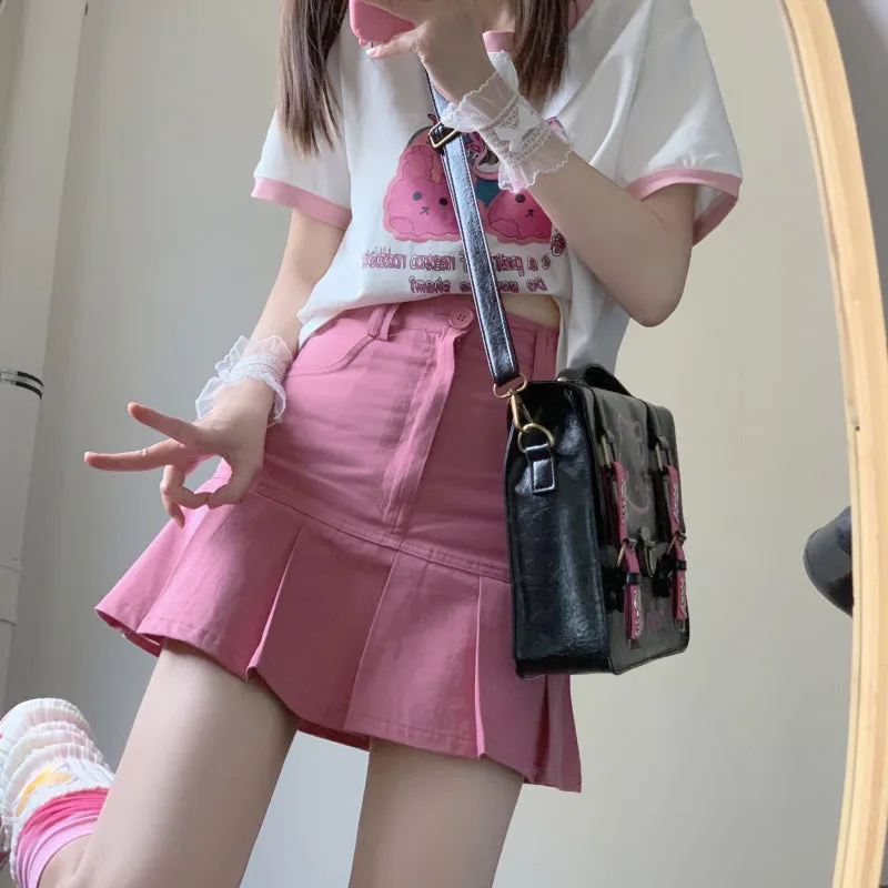 Summer Girl Cute Stylish Black Pink White High Waist Short Skirt