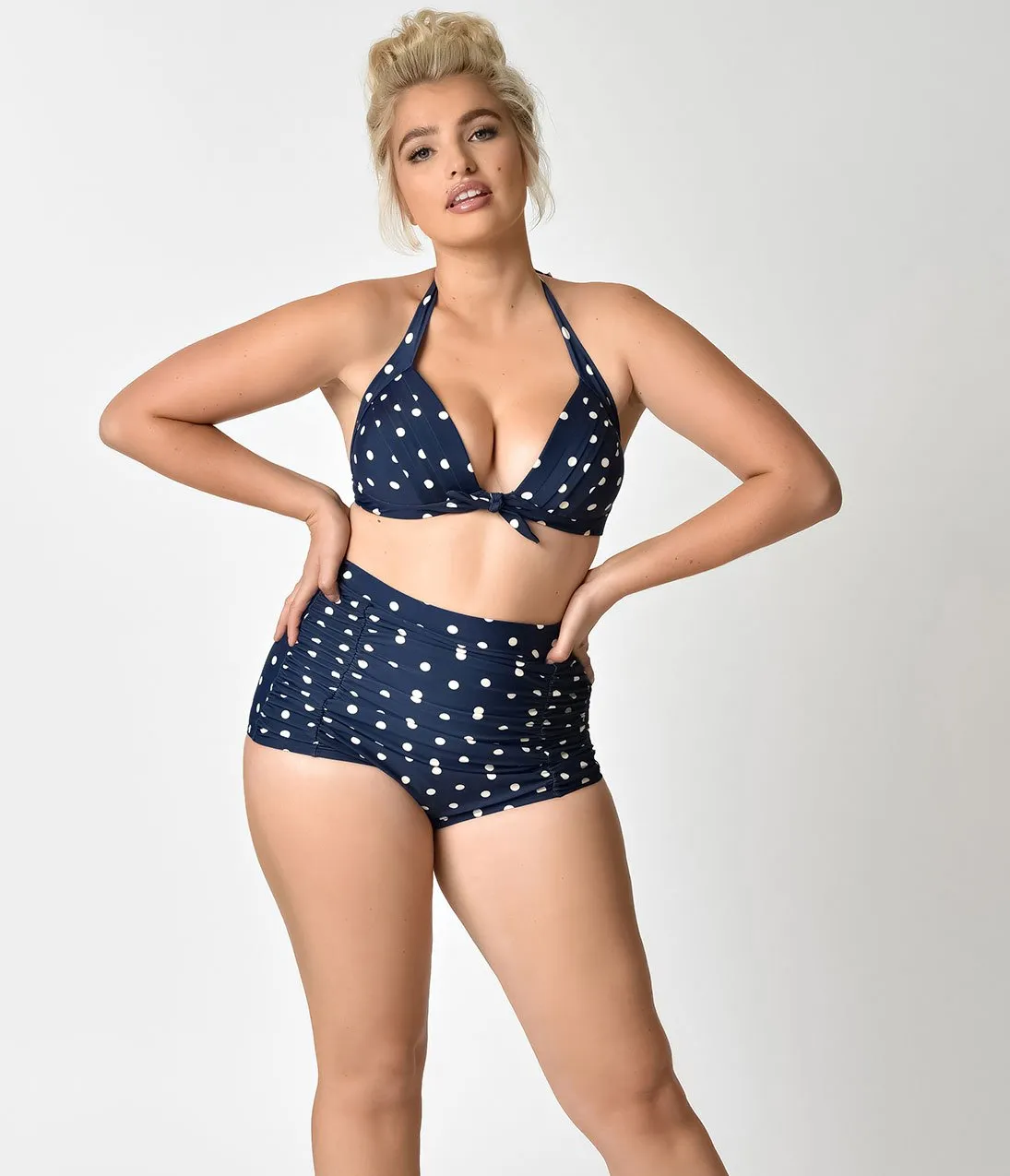 Unique Vintage Plus Size Navy & Cream Dotted Monroe High Waist Swim Bottom