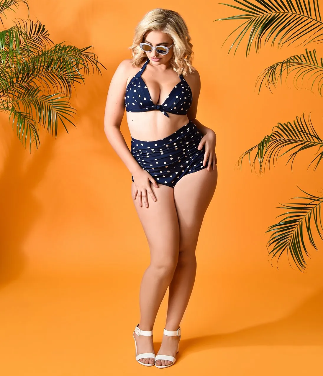 Unique Vintage Plus Size Navy & Cream Dotted Monroe High Waist Swim Bottom