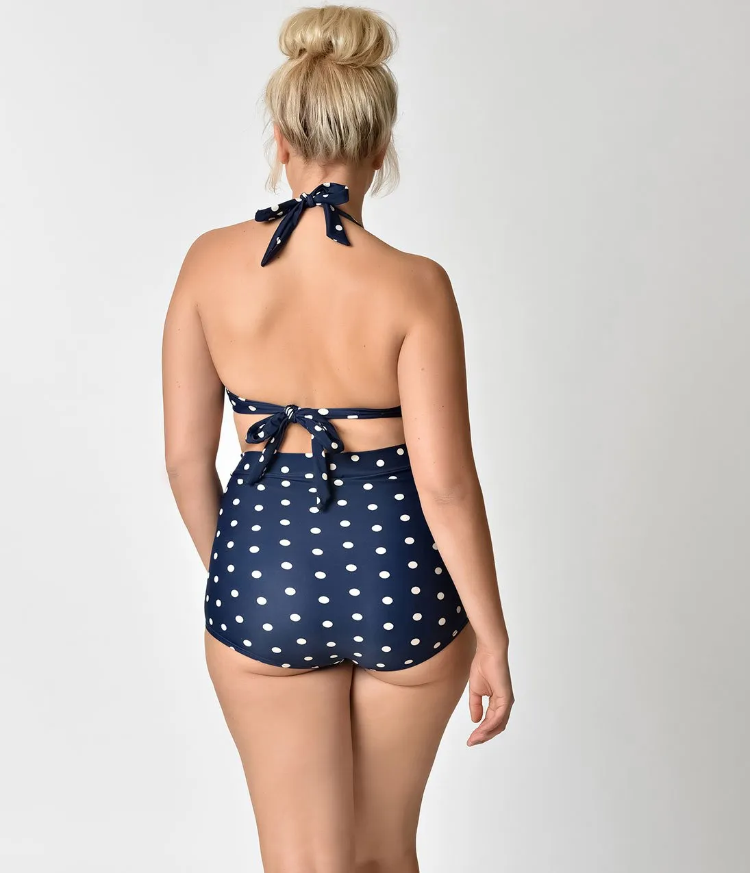 Unique Vintage Plus Size Navy & Cream Dotted Monroe High Waist Swim Bottom