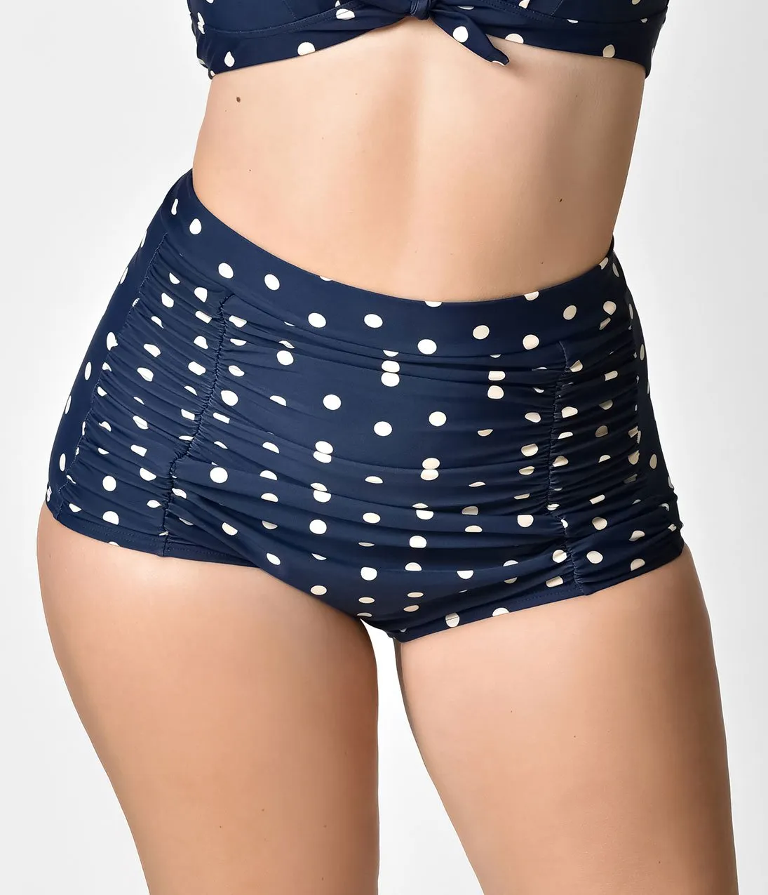 Unique Vintage Plus Size Navy & Cream Dotted Monroe High Waist Swim Bottom