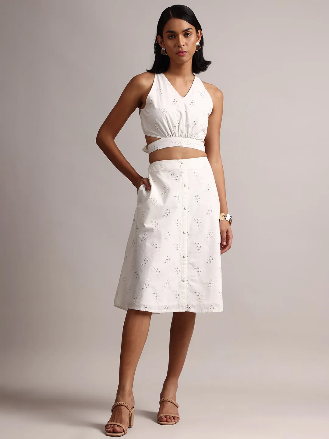 White Cotton Schiffli Embroidered Blouson Co-Ord Set