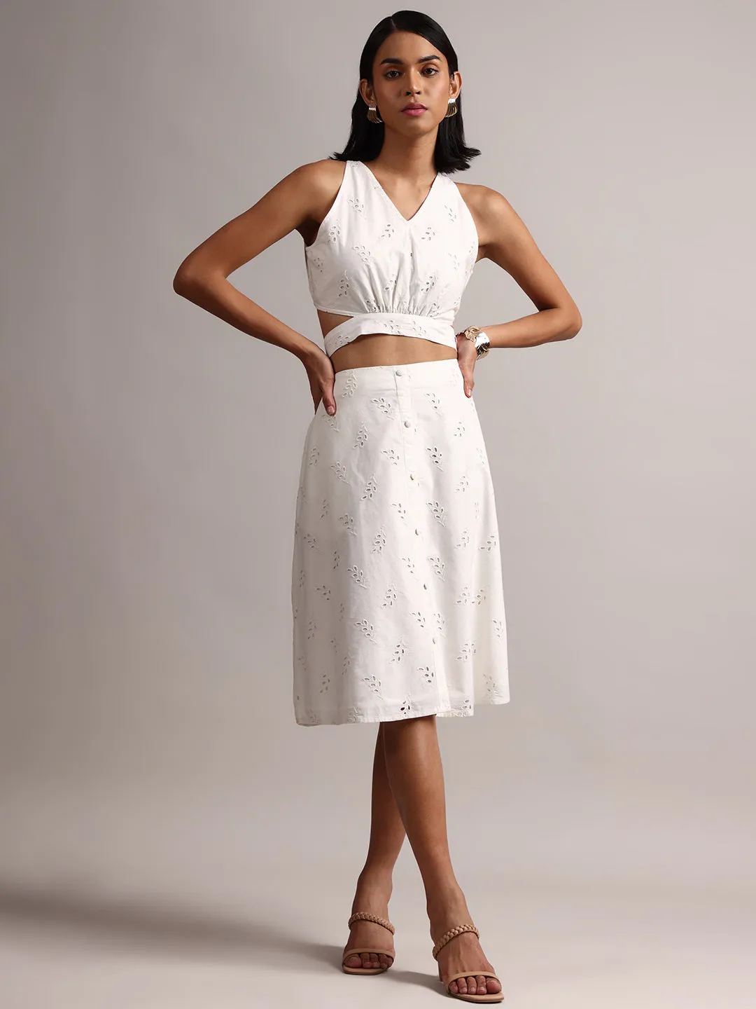 White Cotton Schiffli Embroidered Blouson Co-Ord Set