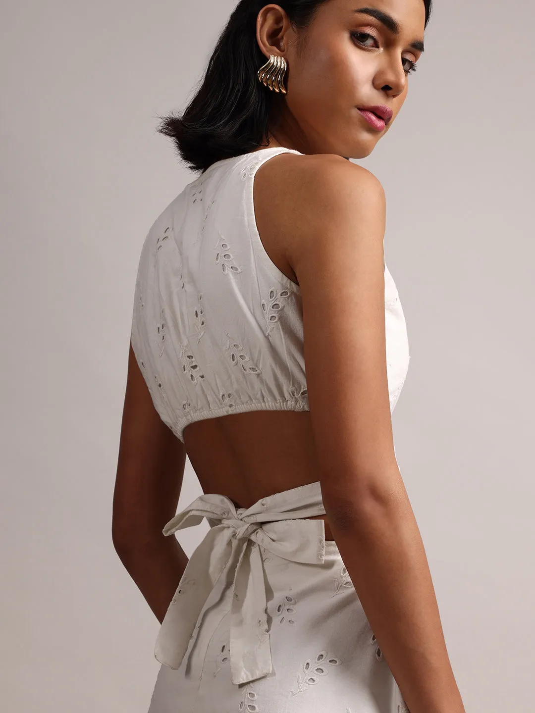 White Cotton Schiffli Embroidered Blouson Co-Ord Set