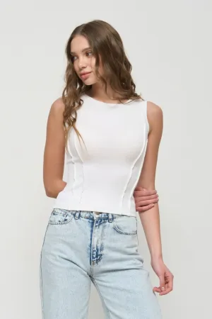 White Ribbed Seam Detail Top