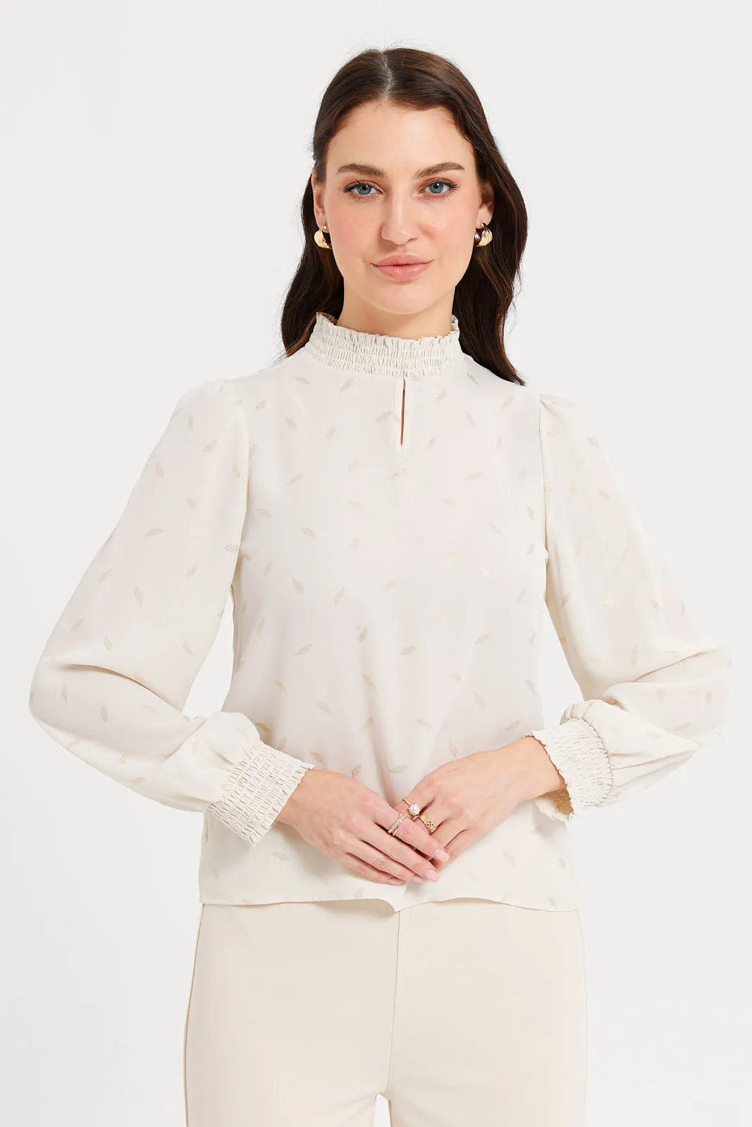 Women Ivory Foil Print High Neck Blouse