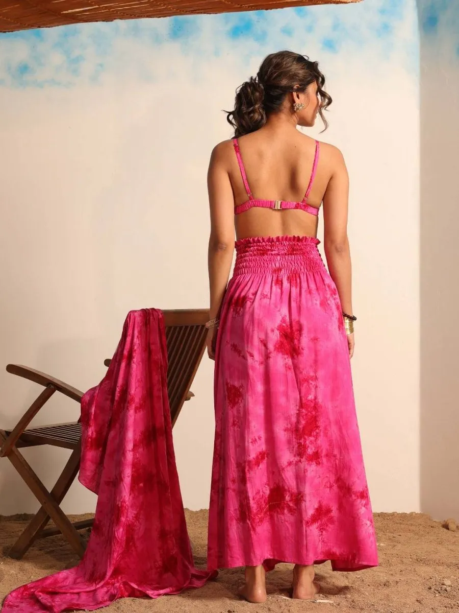 Women pink Tie & Dye Beachwear Skirt Set