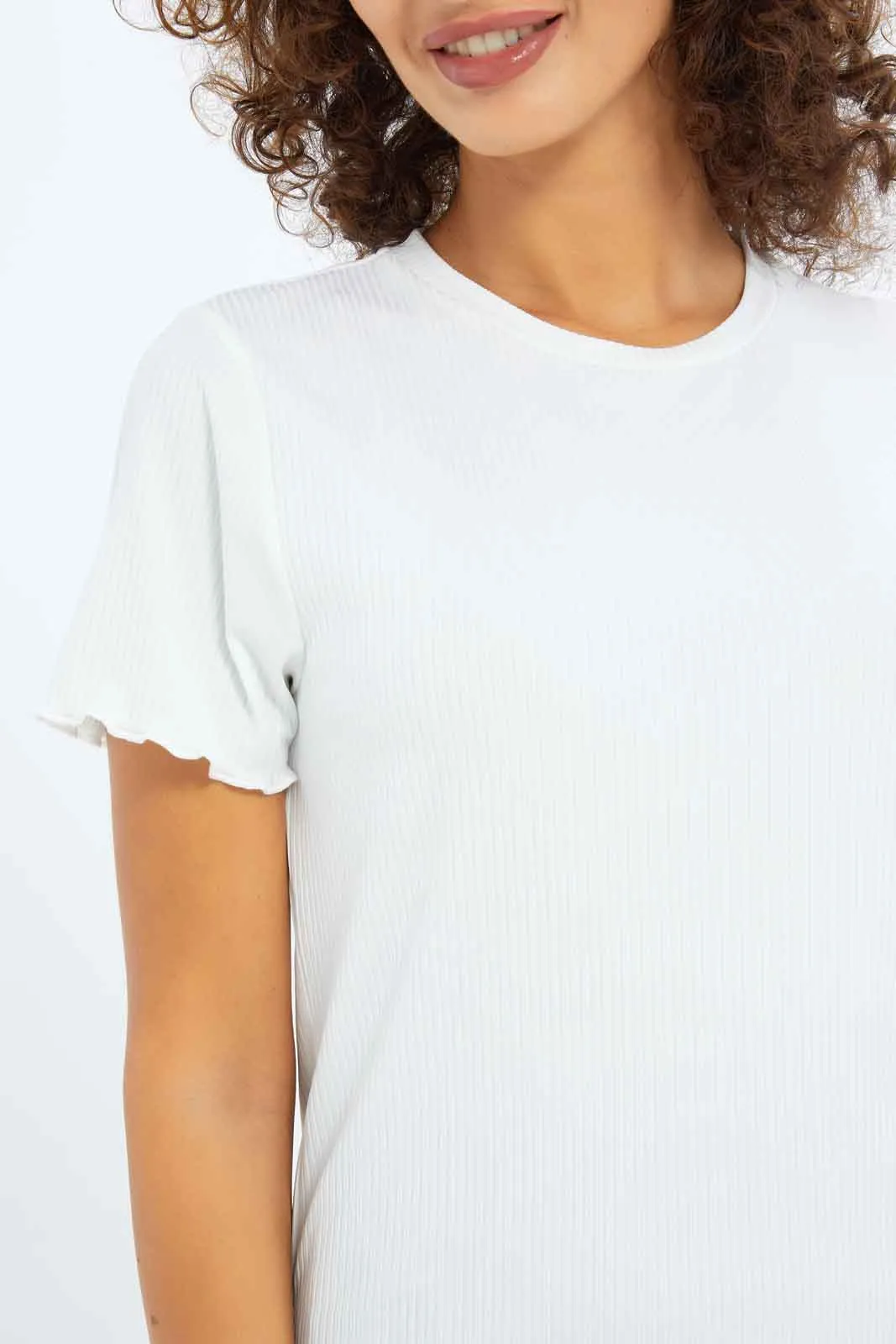 Women White Ribbed T-Shirt