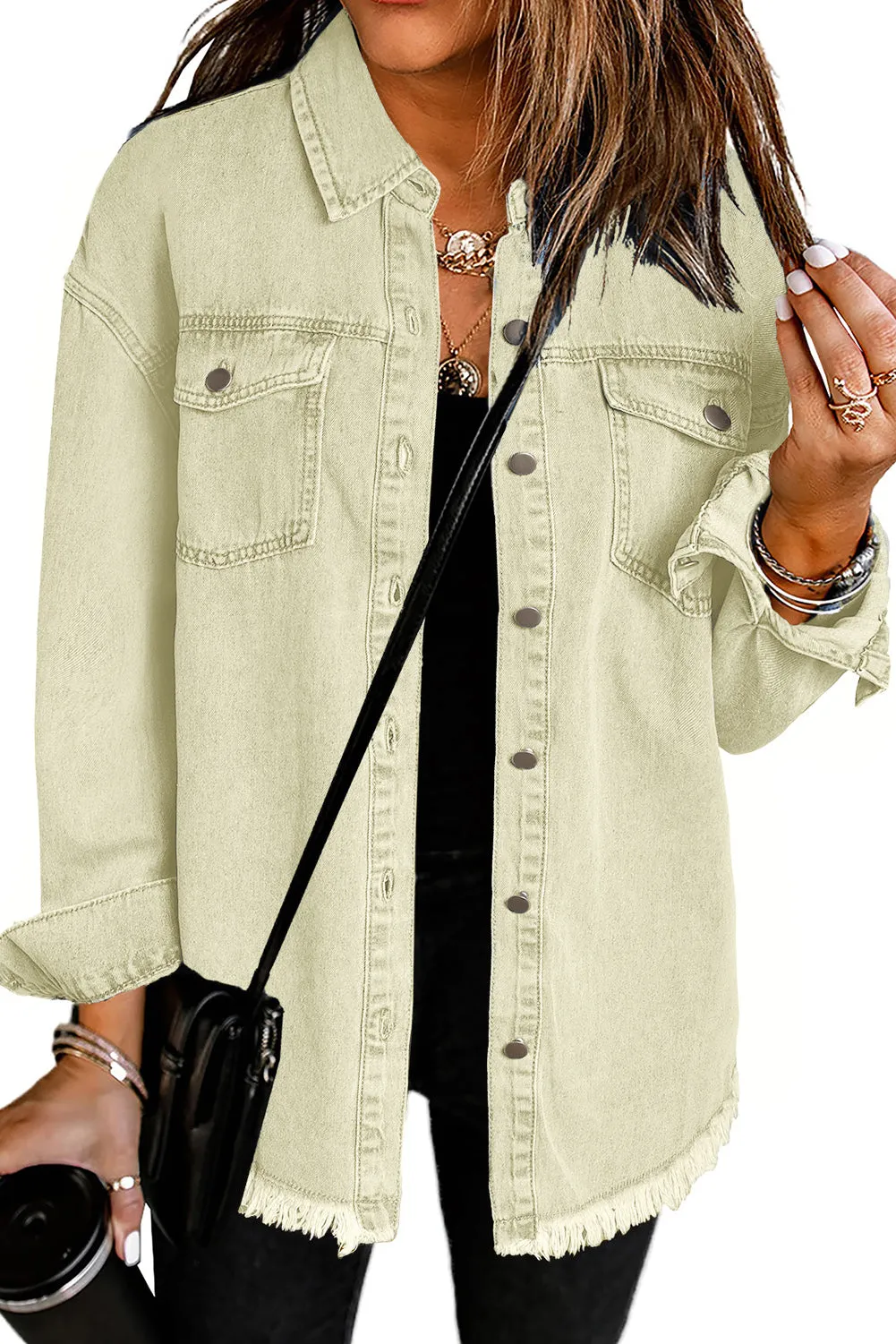 Women’s Oversized Shacket Pocket Long Boyfriend Raw Hem Button Jacket