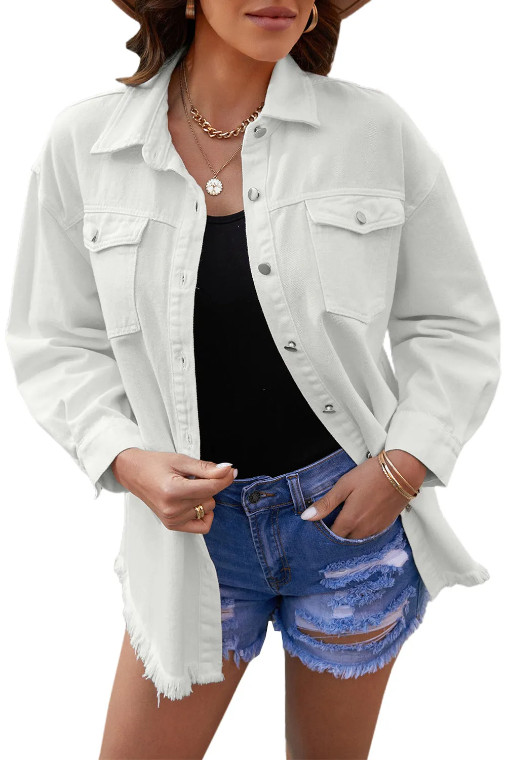 Women’s Oversized Shacket Pocket Long Boyfriend Raw Hem Button Jacket