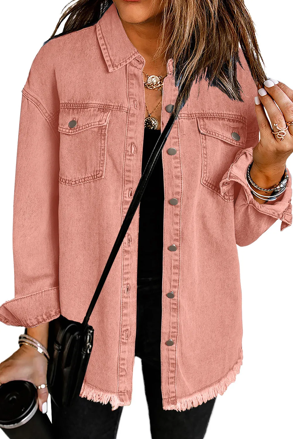 Women’s Oversized Shacket Pocket Long Boyfriend Raw Hem Button Jacket