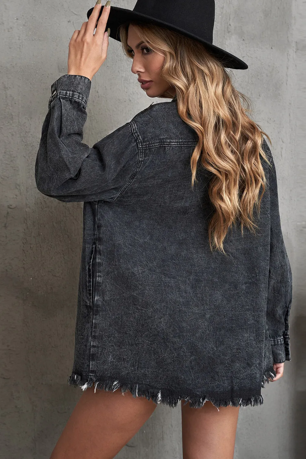 Women’s Oversized Shacket Pocket Long Boyfriend Raw Hem Button Jacket