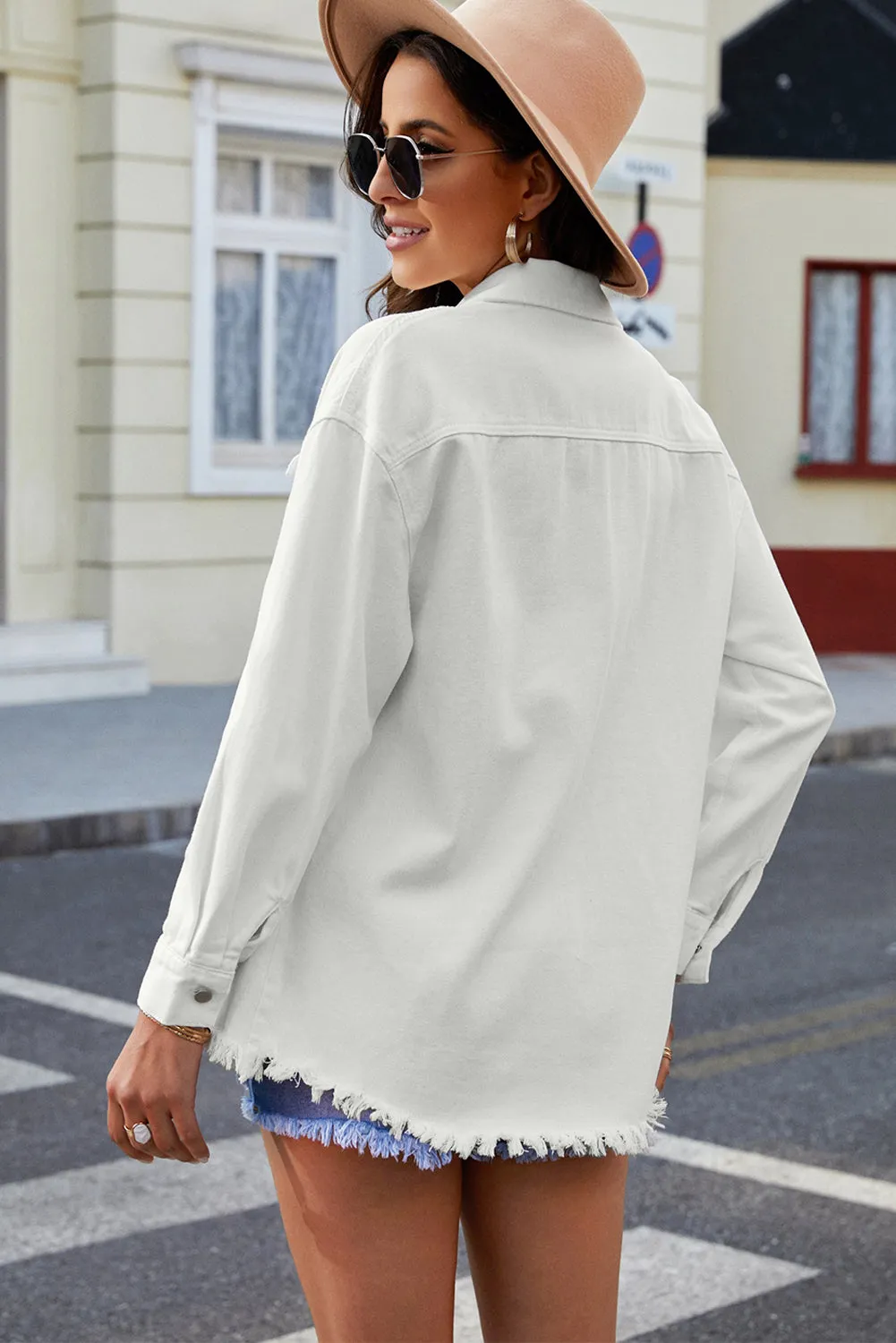 Women’s Oversized Shacket Pocket Long Boyfriend Raw Hem Button Jacket