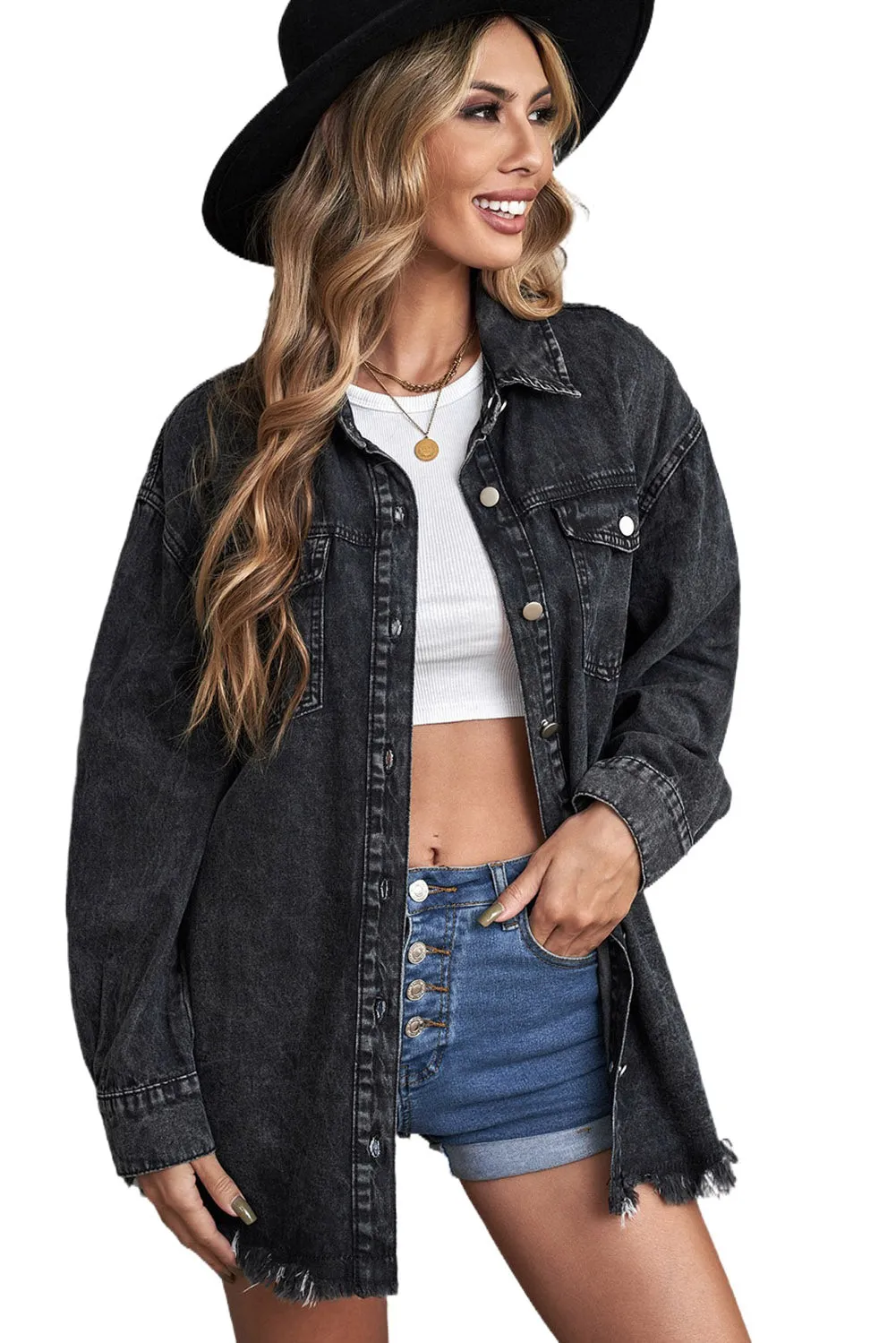 Women’s Oversized Shacket Pocket Long Boyfriend Raw Hem Button Jacket