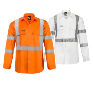 WS3222 HI VIS LONG SLEEVE COTTON DRILL REFLECTIVE SHIRT WITH X PATTERN